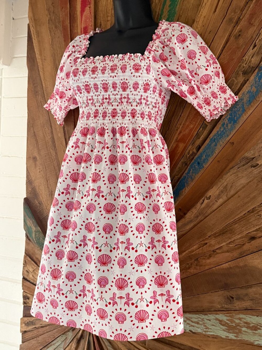 Hill House Home Athena Nap cotton mini shirred Dress Sz XS mermaids/shells - Picture 6 of 11